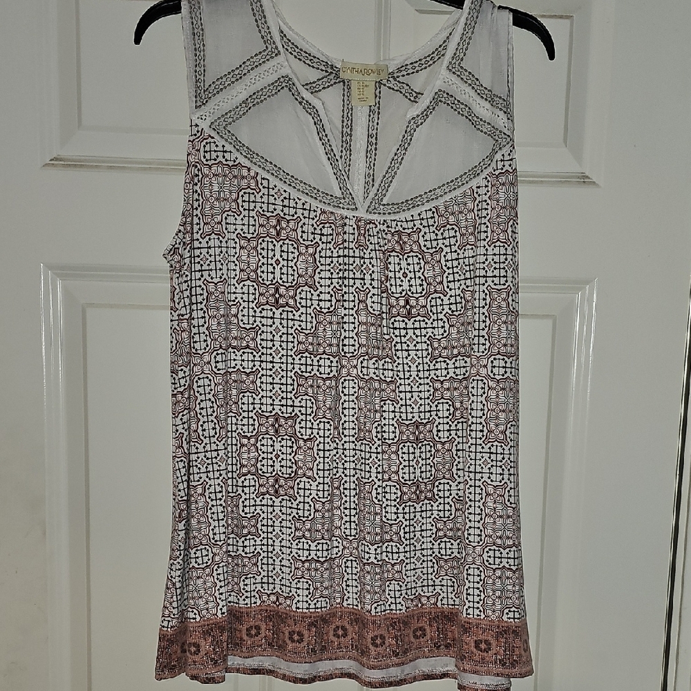 Cynthia Rowley White and Brown Sleeveless Blouse with Geometric Neckline